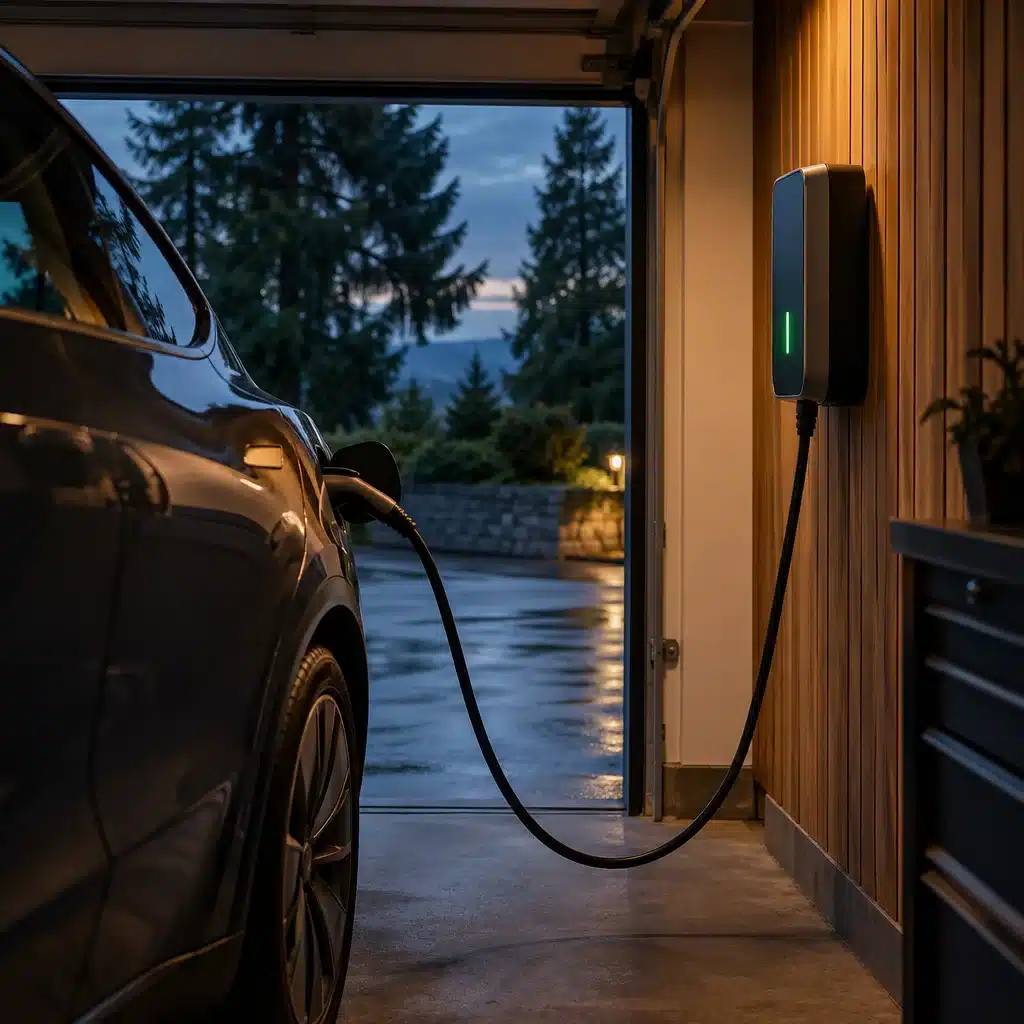 A home EV charger in a garage at dusk