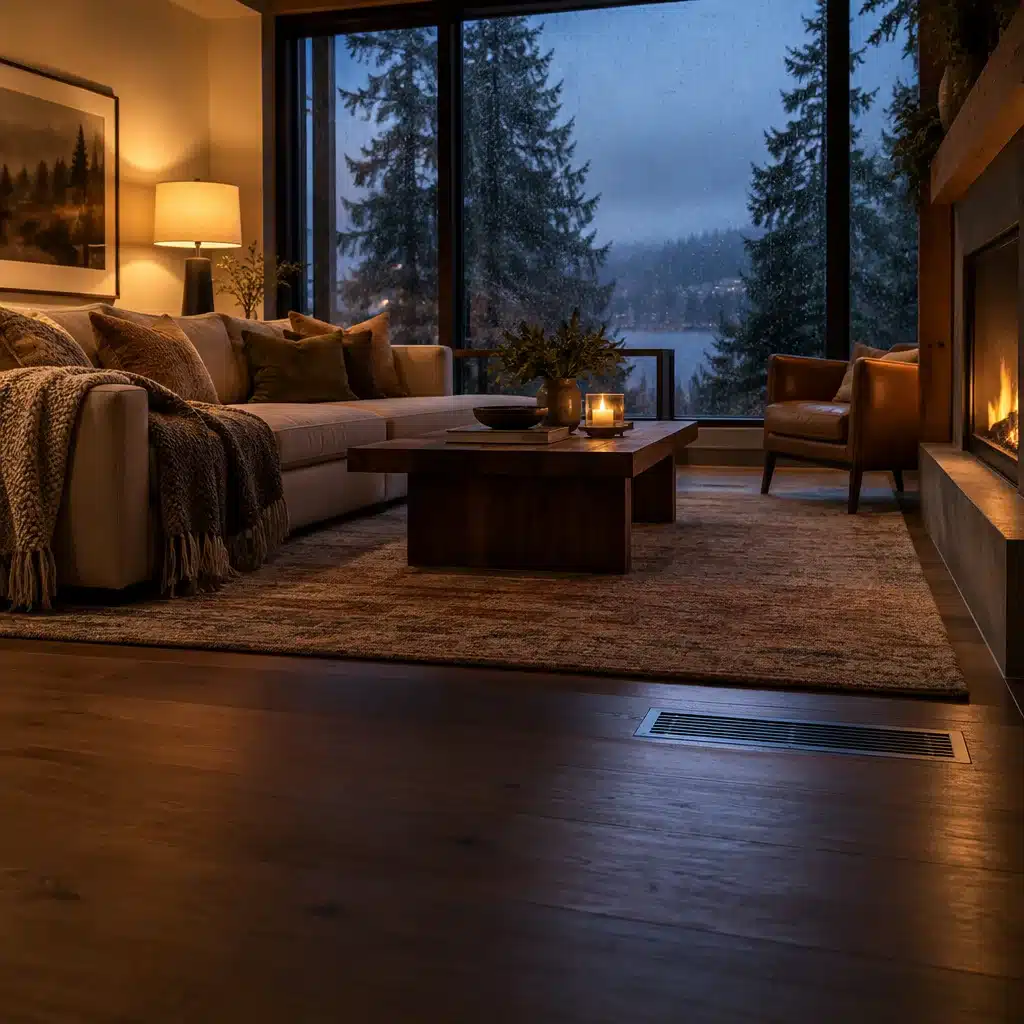 A warm living room on a rainy evening with a floor heating vent